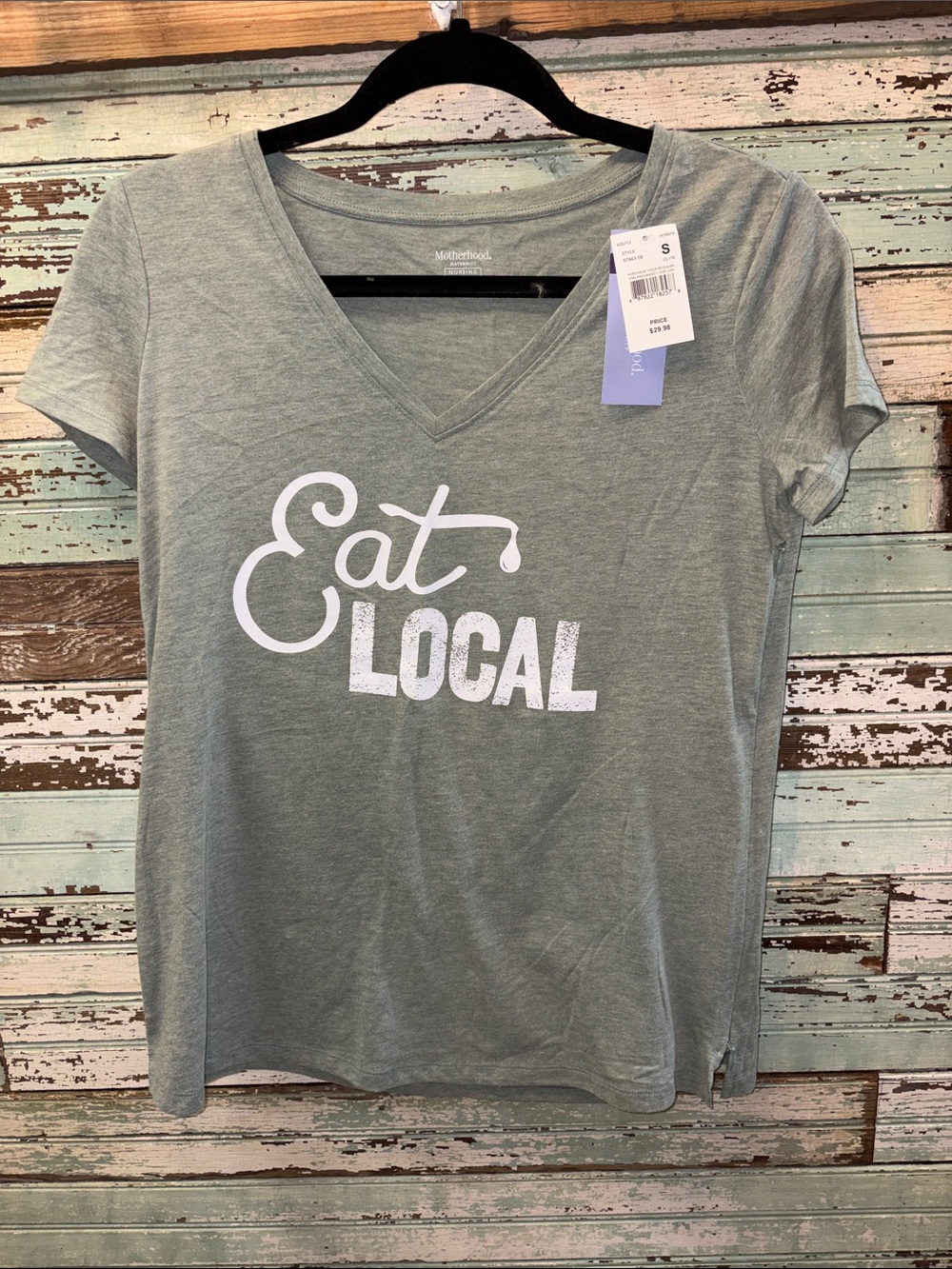 NEW Motherhood Maternity Sage Green 'Eat Local' V-Neck Tee